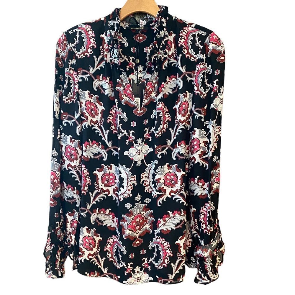 Kobi Halperin Sz M NWT Black Red Levi Ruffle Smocked Cuff Flowy 100% Silk Blouse
